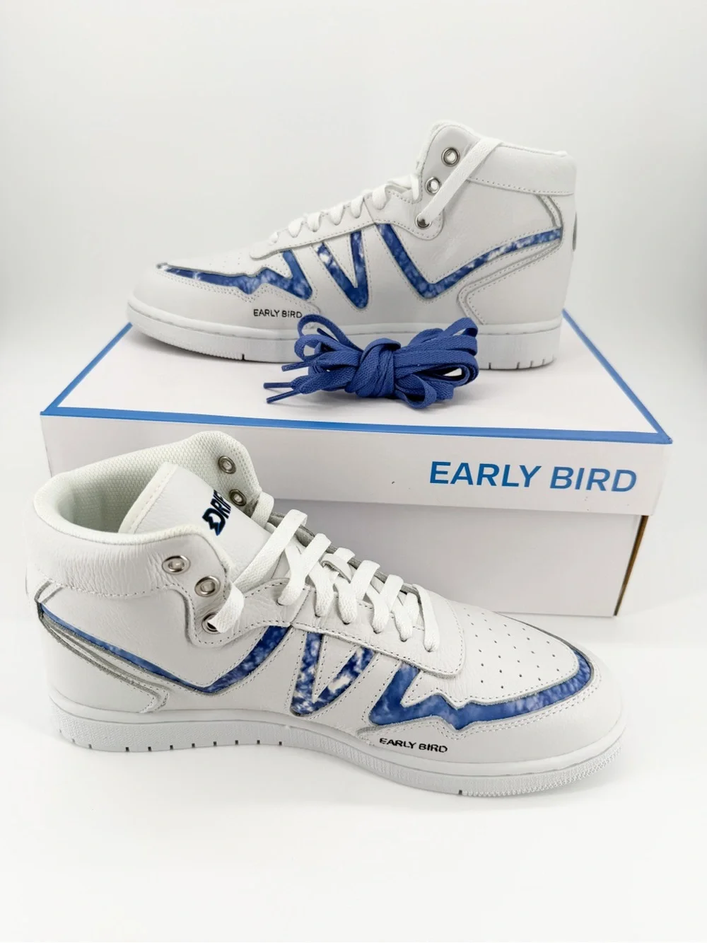 Drifts Early Bird High Top Leather Sneakers White Blue Men 9.5 / Women 11 NEW